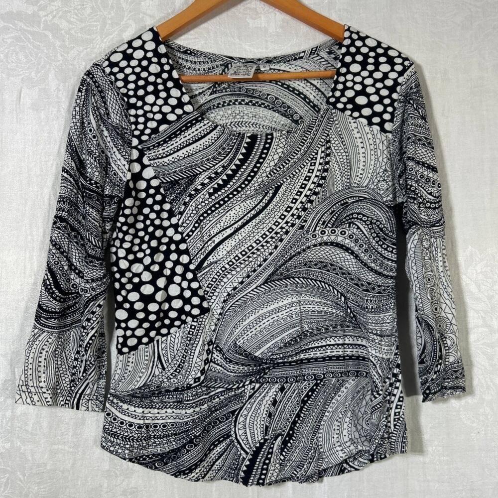 Parsley & Sage Top Small Black White Mixed Print Jersey Knit 3/4 Sleeve